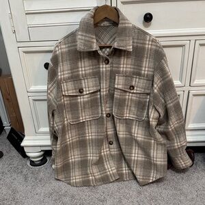 Women's Plaid Button Down Shirt - Tan